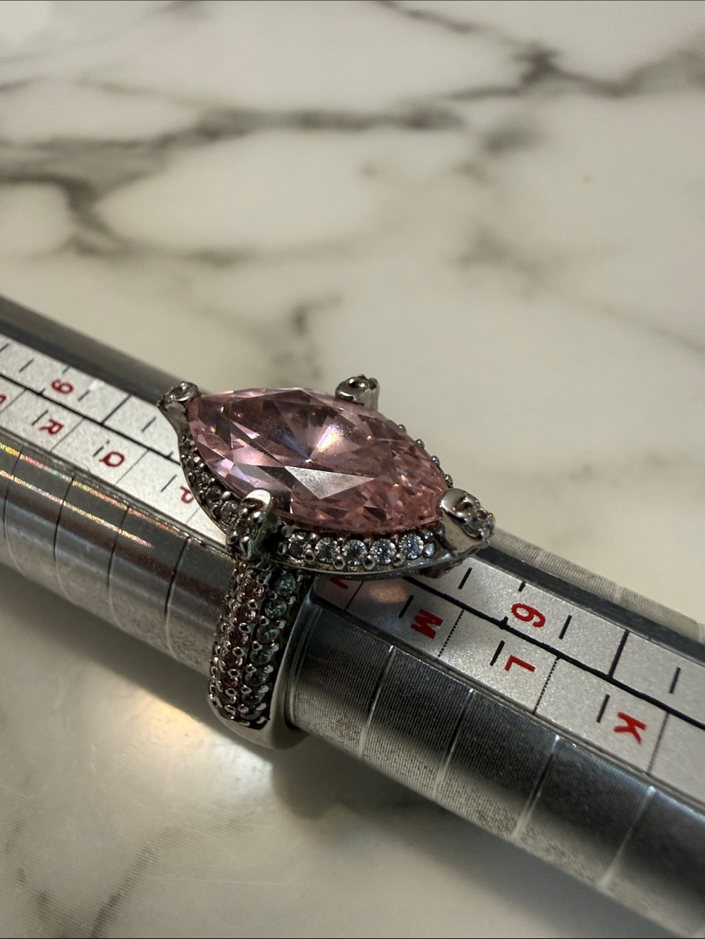 Silver ring with marquise cut pink CZs, size 7